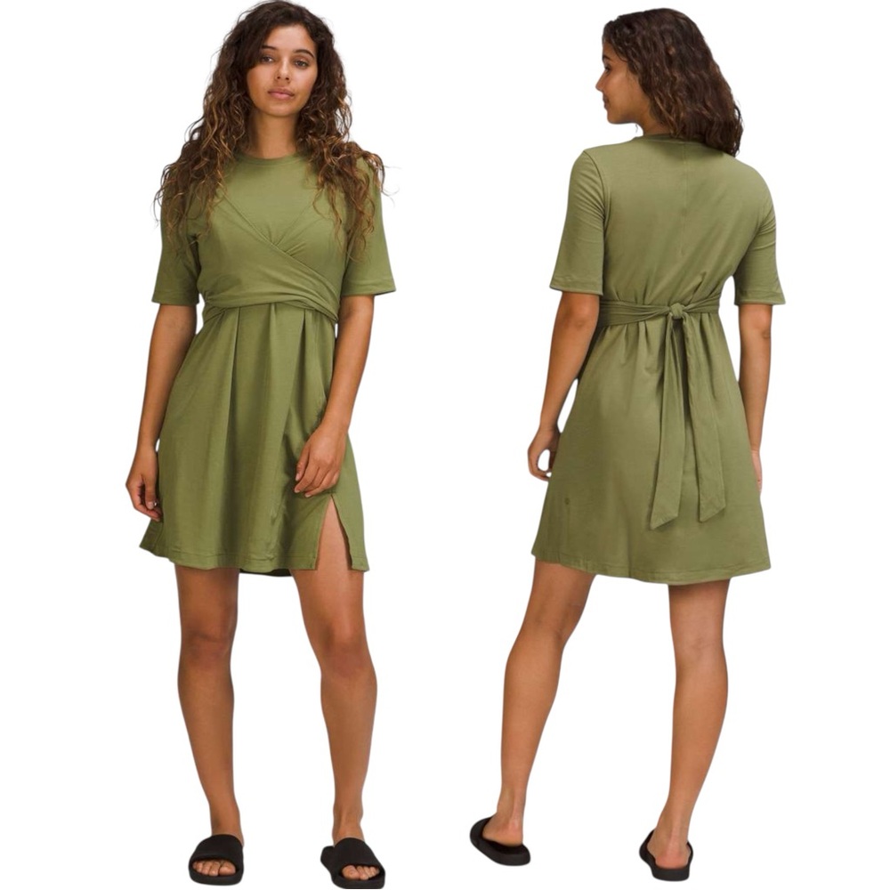 Lululemon Cotton Wrap Front Dress Olive Green Sz 8 Like New